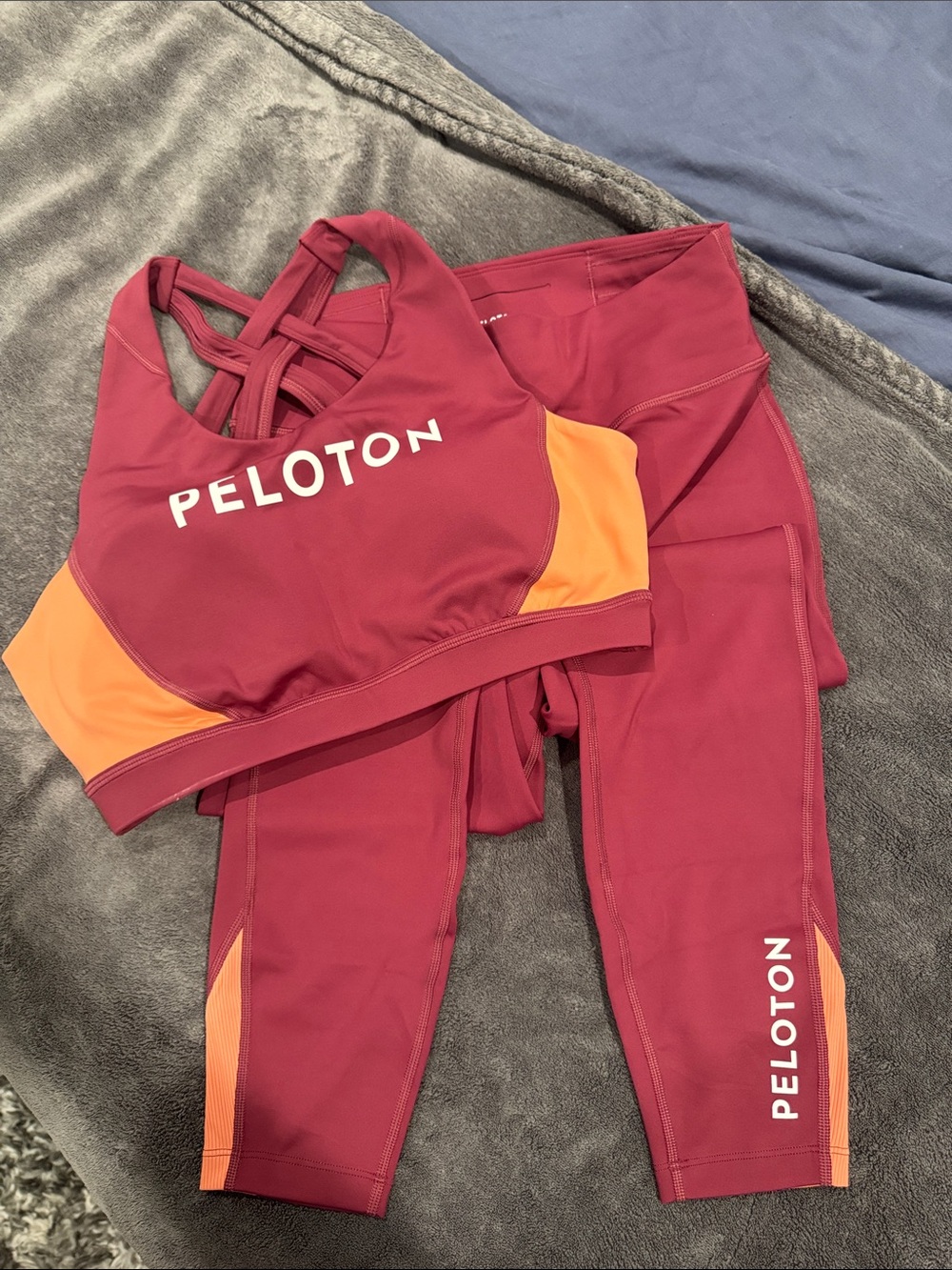 Peloton Burgundy and Orange Strappy Sports Bra & High-Rise Leggings Set